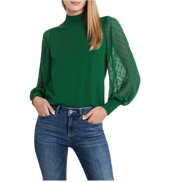CeCe Clip Dot Sleeve Sweater, Holiday Christmas Party Top, Green, Size Small NWT - Picture 1 of 10